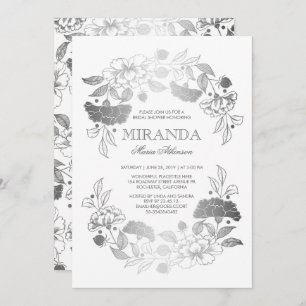Silver Floral Wreath Elegant White Bridal Shower Invitation