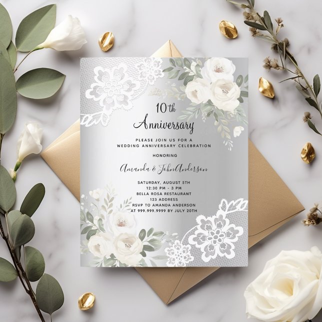 Silver florals 10th wedding anniversary invitation (Creator Uploaded)