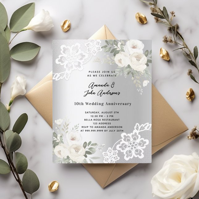 Silver florals 10th wedding anniversary invitation (Creator Uploaded)