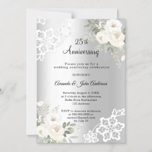 Silver florals 25th wedding anniversary invitation