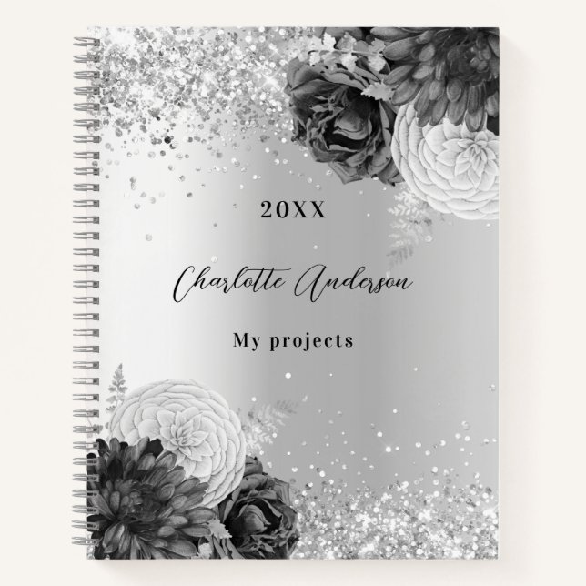 Silver florals elegant glamourous name notebook (Front)