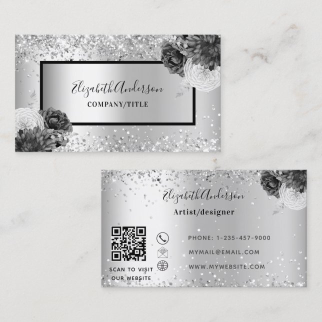 Silver florals elegant glamourous QR code Business Card (Front/Back)
