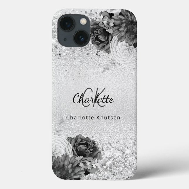 Silver florals elegant monogram name Case-Mate iPhone case (Back)