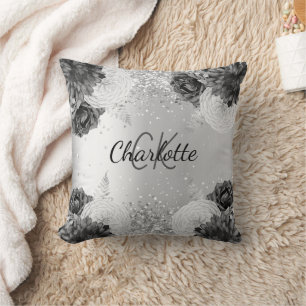 Silver florals elegant monogram name throw pillow