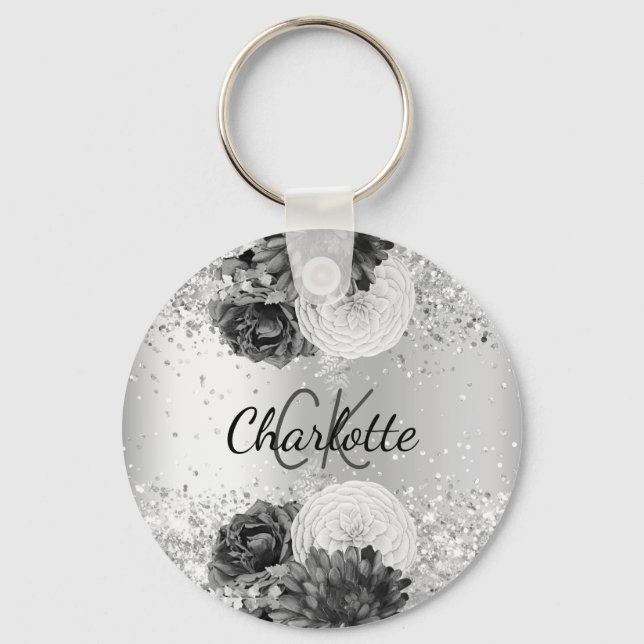 Silver florals elegant name keychain (Front)
