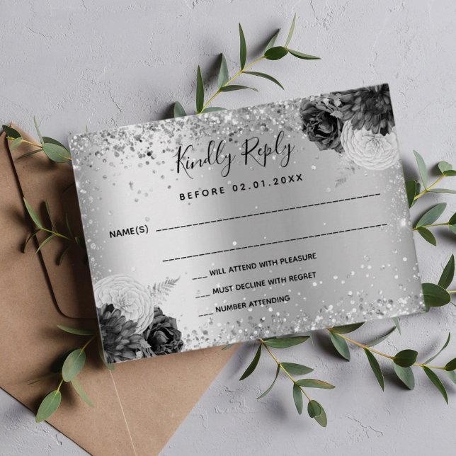 Silver florals glitter monochrome wedding RSVP Card (Creator Uploaded)