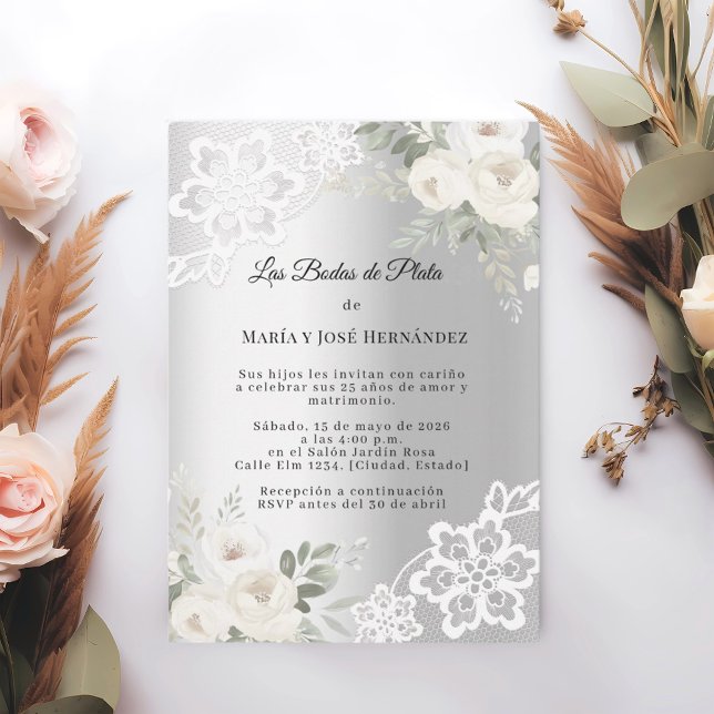 Silver Florals Invitación Bodas de Plata Invitation (Creator Uploaded)