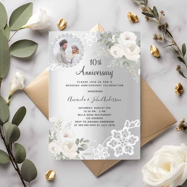 Silver florals photo 10th wedding anniversary invitation (Creator Uploaded)
