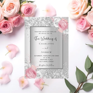 Silver florals pink white elegant wedding invitation