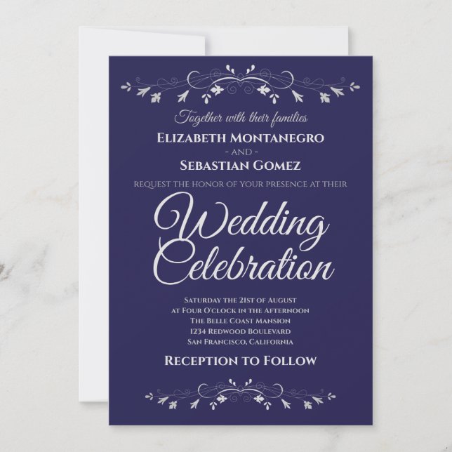 Silver Flourish Navy Blue Simple Elegant Wedding Invitation (Front)