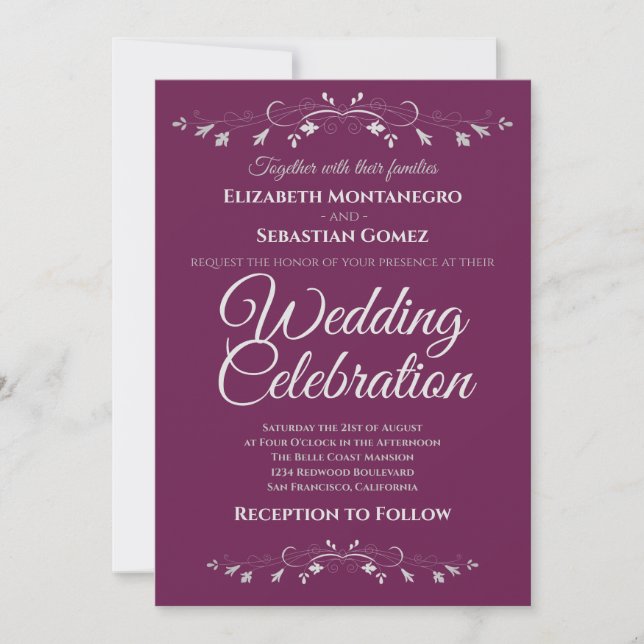 Silver Flourish on Cassis Simple Elegant Wedding Invitation (Front)