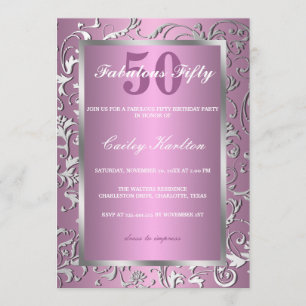 Silver Flourish Ornate Pattern Pink Fabulous Fifty Invitation