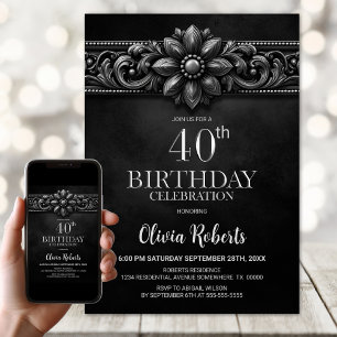 Silver Flower Black 40th Birthday Party Invitation