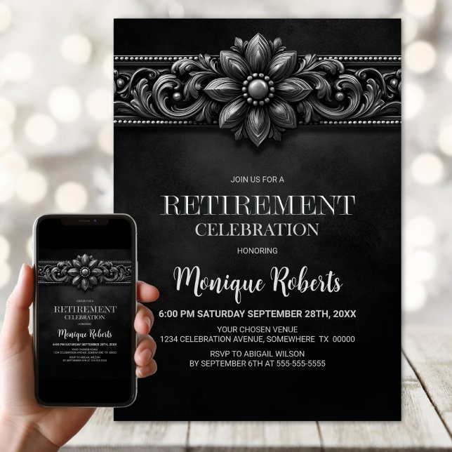 Silver Flower Black Retirement Party Invitation (Creator Uploaded)