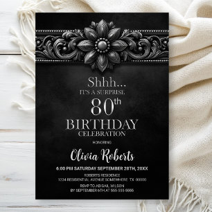 Silver Flower Black Surprise 80th Birthday Party Invitation
