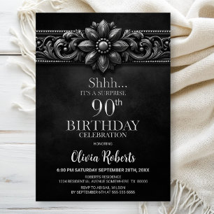 Silver Flower Black Surprise 90th Birthday Party Invitation