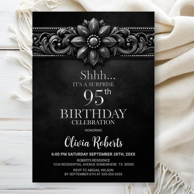 Silver Flower Black Surprise 95th Birthday Party Invitation (Creator Uploaded)