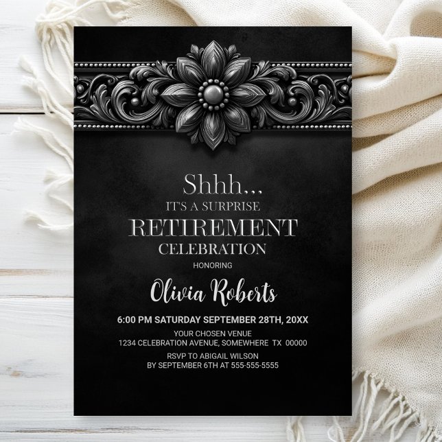 Silver Flower Black Surprise Retirement Party Invitation (Creator Uploaded)