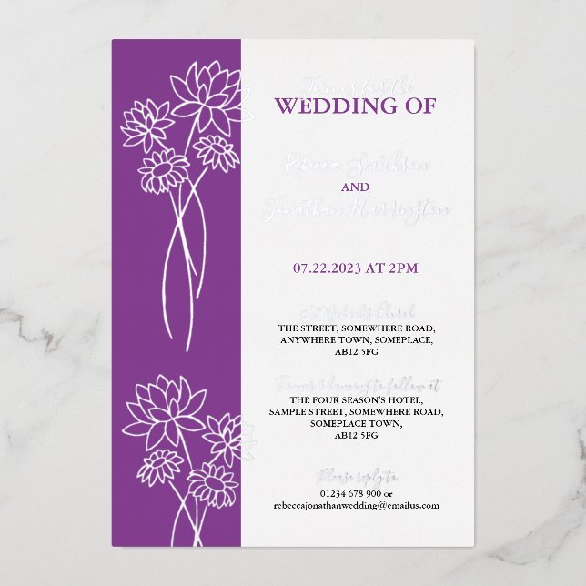 Silver Flower Purple Photo Wedding Foil Invitation (Front)
