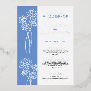 Silver Flowers Blue Photo Wedding Foil Invitation