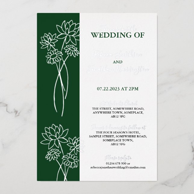 Silver Flowers Green Photo Wedding Foil Invitation (Front)