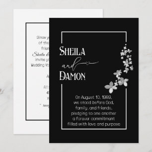 Silver Flowers On Black Wedding Vow Renewal Invitation