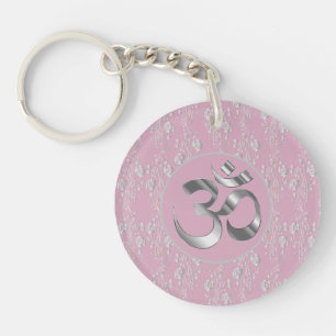 Silver Flowers on Pink OM Yoga Mat Keychain