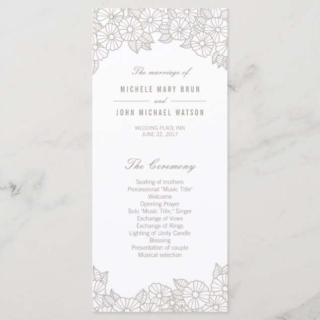 Silver Flowers on White Wedding Program Rack Cards (Front)