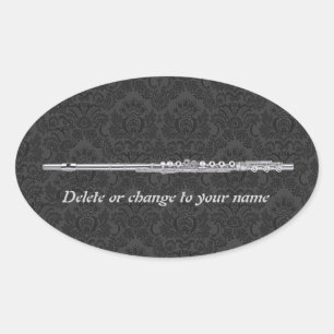 Silver Flute on Black Damask Oval Sticker