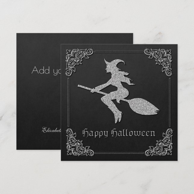 Silver Flying Witch Halloween Greeting Card (Front/Back)