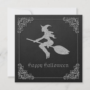 Silver Flying Witch Halloween Invitation