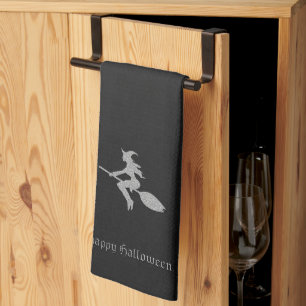 Silver Flying Witch Halloween Kitchen Towel