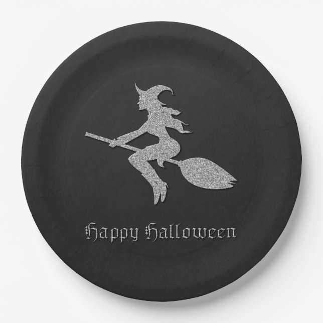 Silver Flying Witch Halloween Paper Plate (Front)