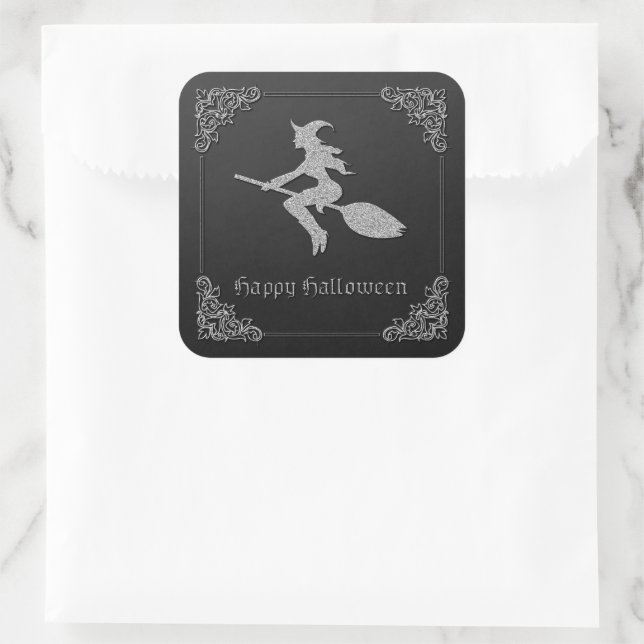 Silver Flying Witch Halloween Square Sticker (Bag)