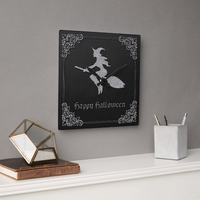 Silver Flying Witch Halloween Square Wall Clock (Office)
