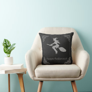 Silver Flying Witch Halloween Throw Pillow