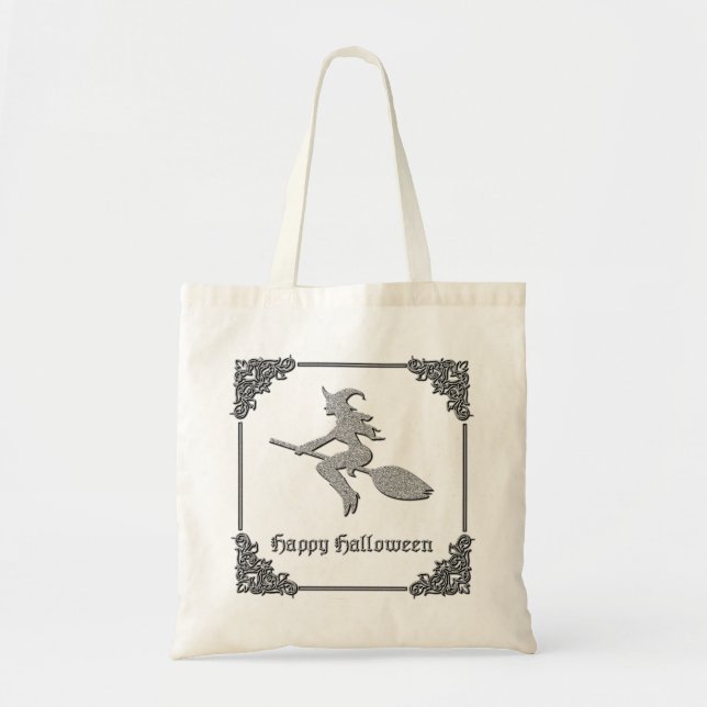 Silver Flying Witch Halloween Tote Bag (Front)