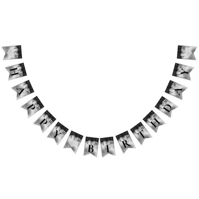 Silver Foil and black dripping glitter Birthday Bunting Flags (All)