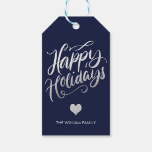 Silver Foil and navy Blue Happy Holidays Custom Gift Tags