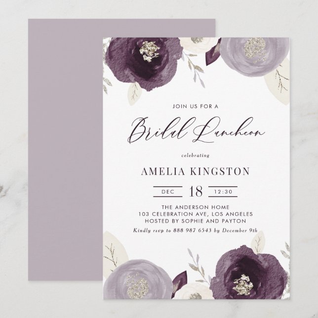 Silver Foil and Purple Flowers Bridal Luncheon Invitation (Front/Back)