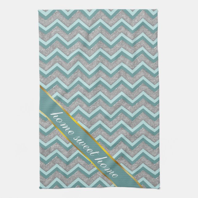 Silver Foil and Teal ZigZag Kitchen Towel (Vertical)