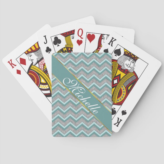 Silver Foil and Teal ZigZag Playing Cards (Back)