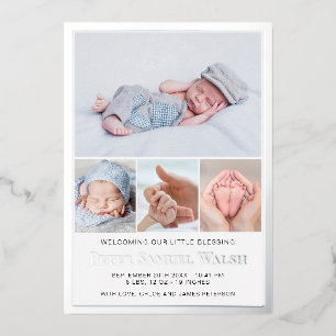 Silver Foil Baby Boy Birth Announcement Photo Card