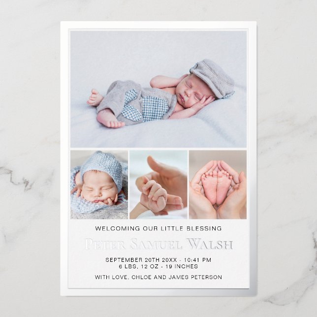 Silver Foil Baby Boy Birth Announcement Photo Card (Front)