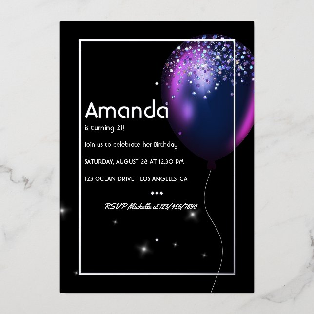 Silver Foil Balloon Birthday Invitation Foil Invit (Front)