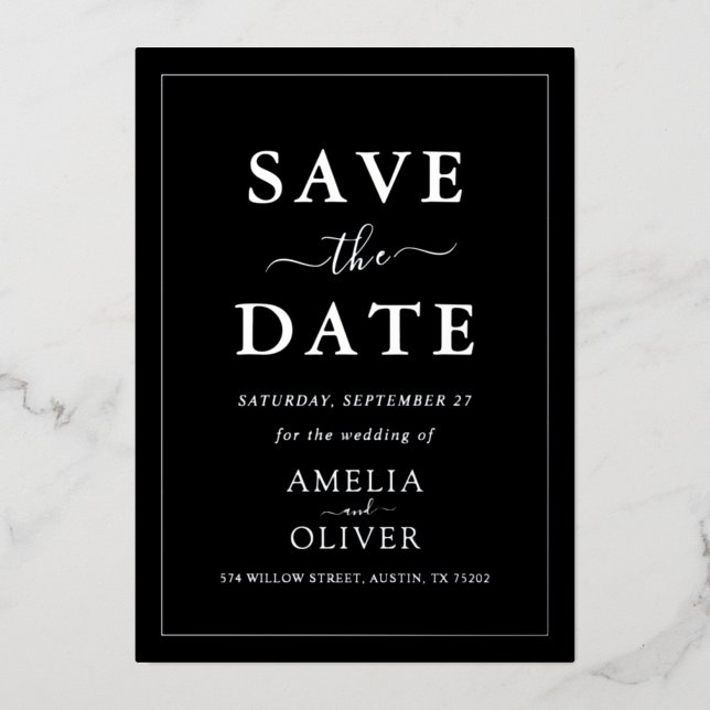 Silver Foil Black Modern Minimalist Save The Date  (Front)