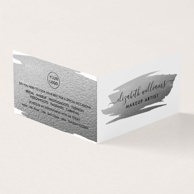 Silver Foil Brushstroke Makeup Artist Loyalty Business Card (Outside)
