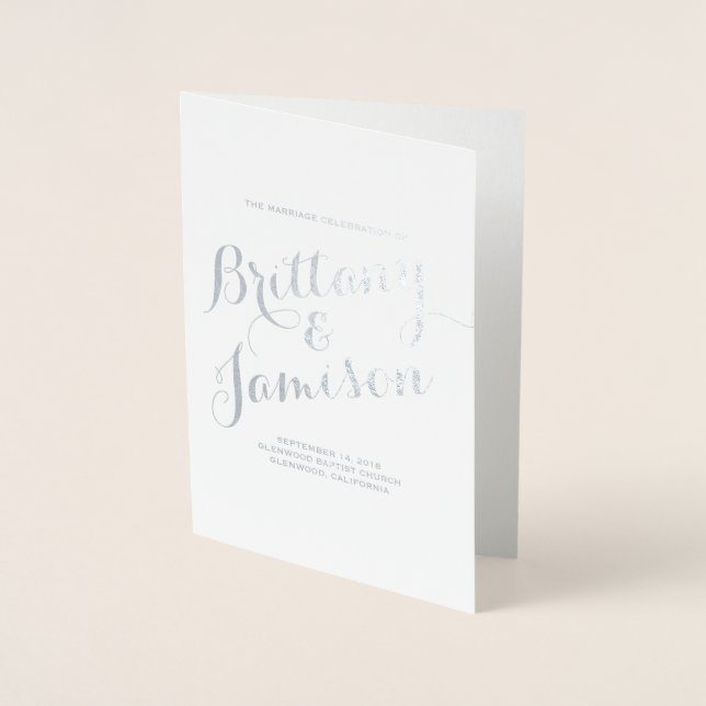 Silver Foil Calligraphy Typography Wedding Program Foil Card (Front)