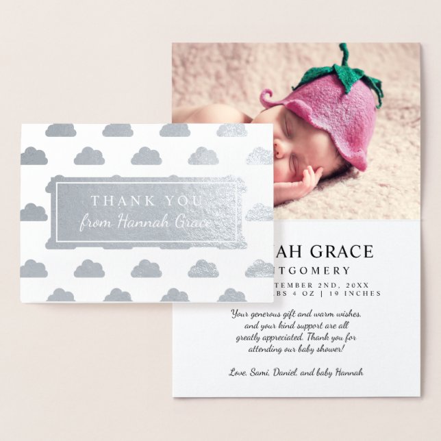 Silver Foil Clouds Baby Shower Photo Thank You Foil Card (Display)