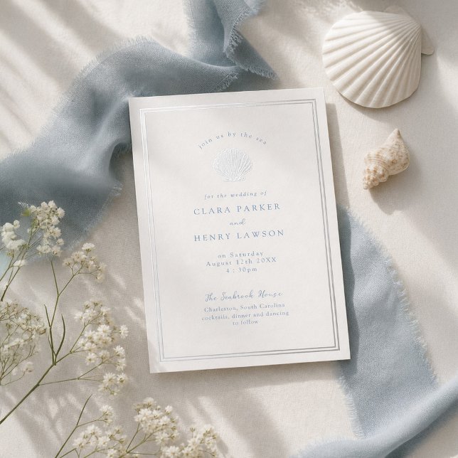 Silver Foil Coastal Seashell Wedding Invitation (Creator Uploaded)